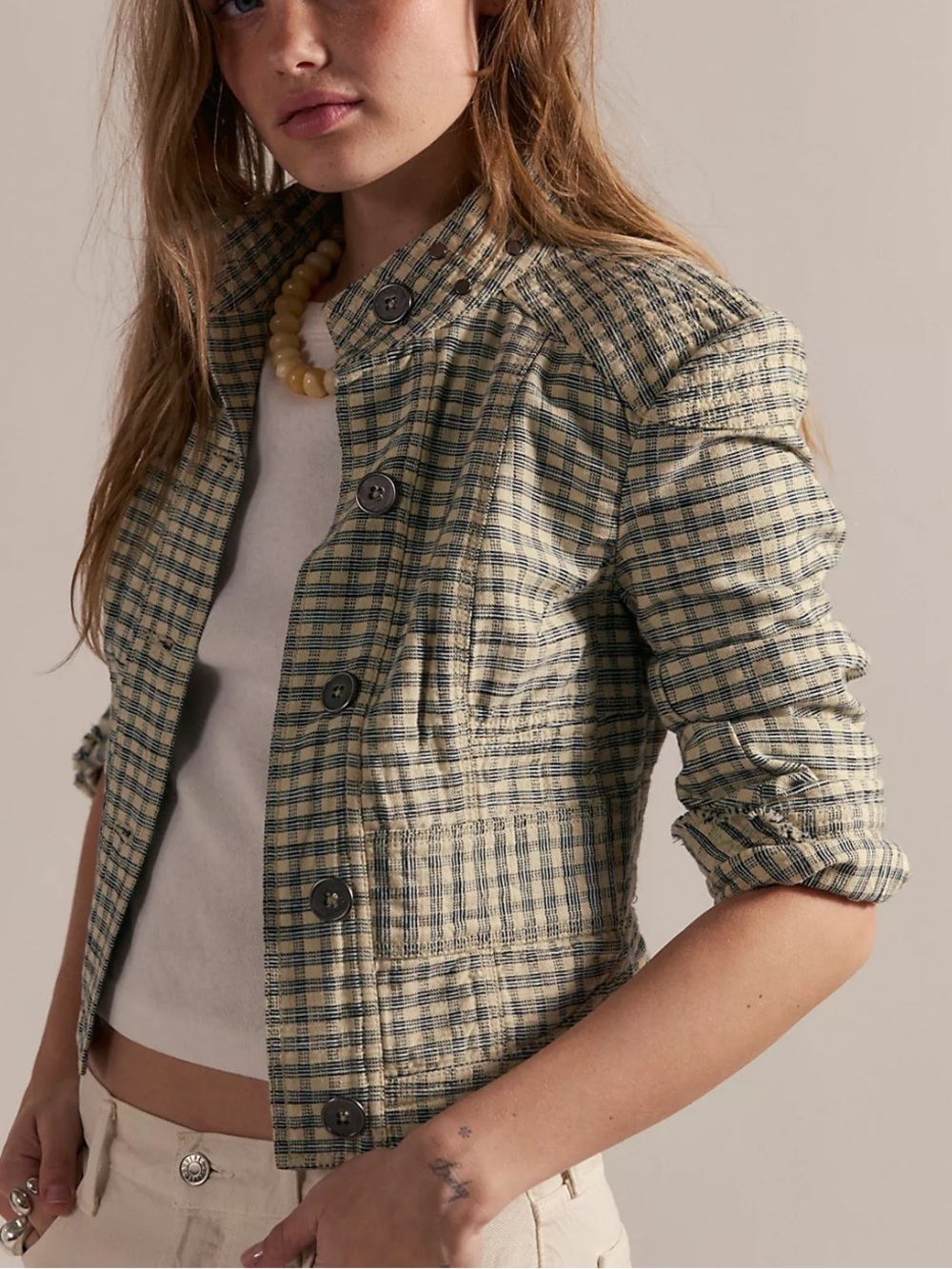 Free People Sage & Cream Checked Button-Front Jean Jacket